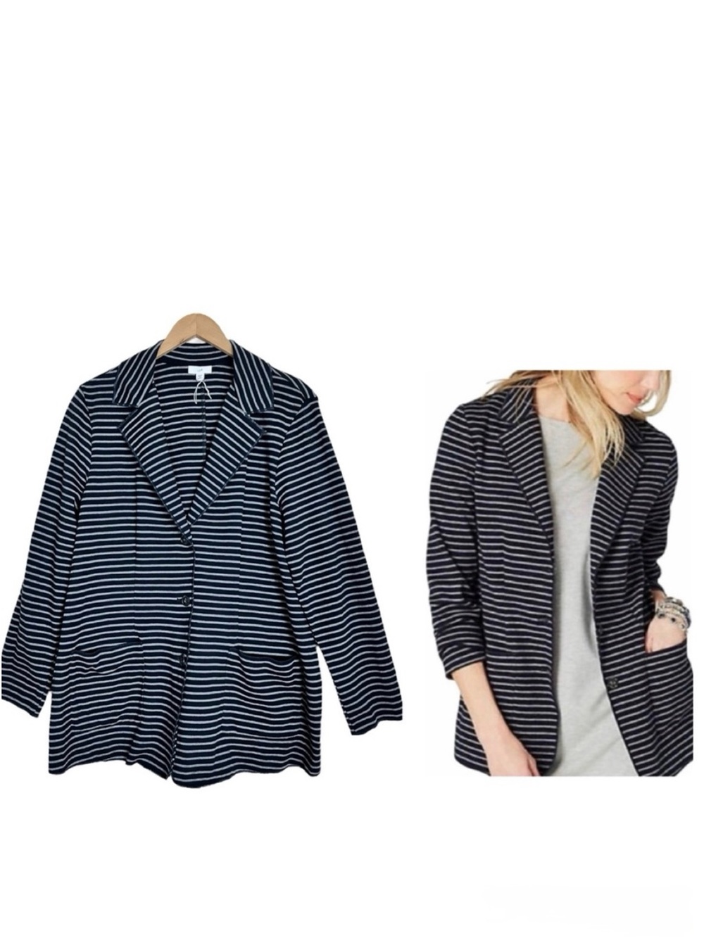 J. Jill Single Breasted Navy Striped Cotton Blend Blazer Jacket Size 1X
